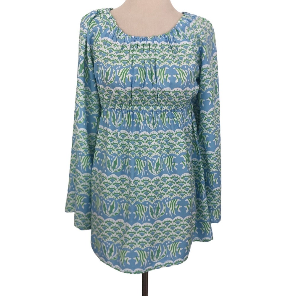 ANGELA MOORE Blue Fish Babydoll TOP S Beach Vacation Ocean Preppy Coastal